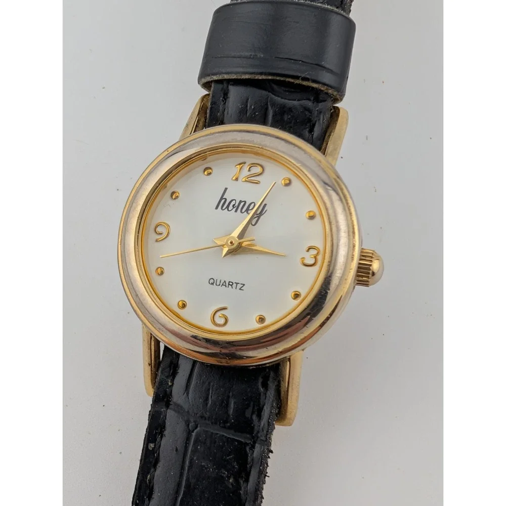 Honey Women's Watch 23mm Gold Case Black Faux Leather Band- New Battery